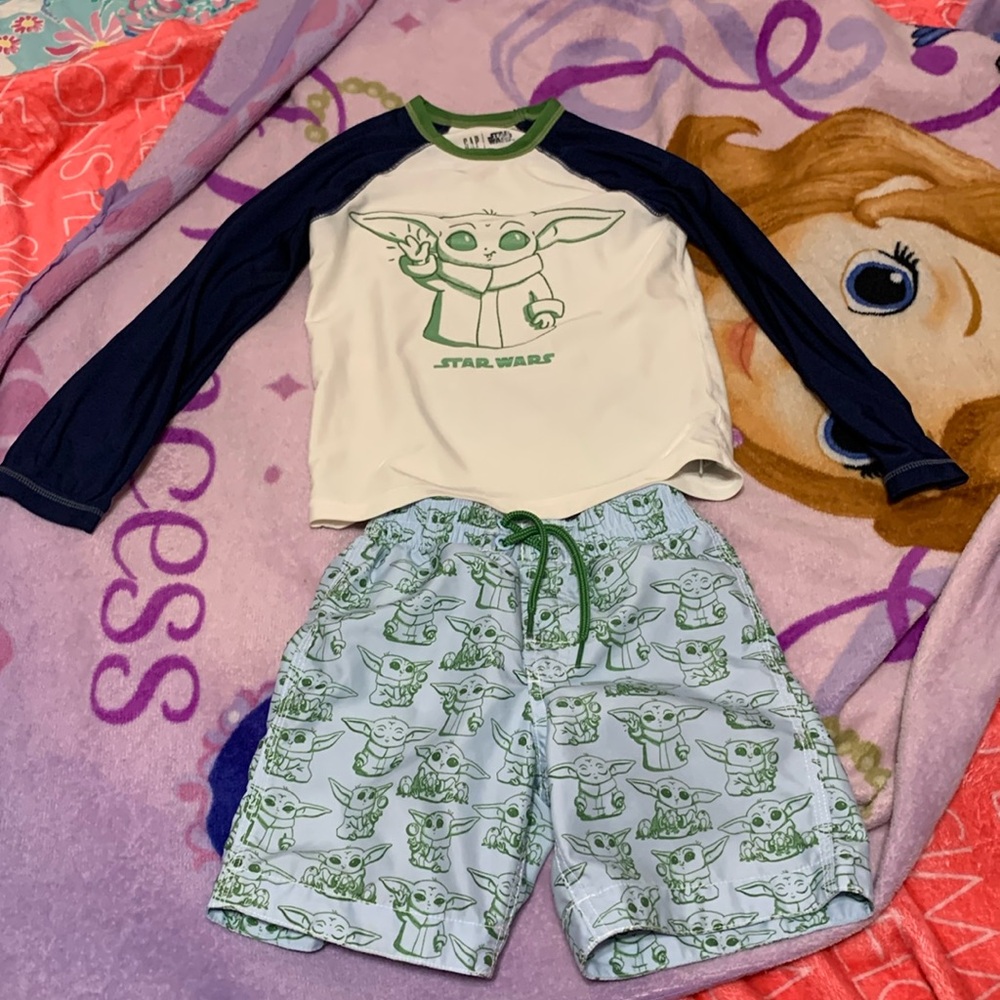 GAP Star Wars swim trunks and matching rash guard top